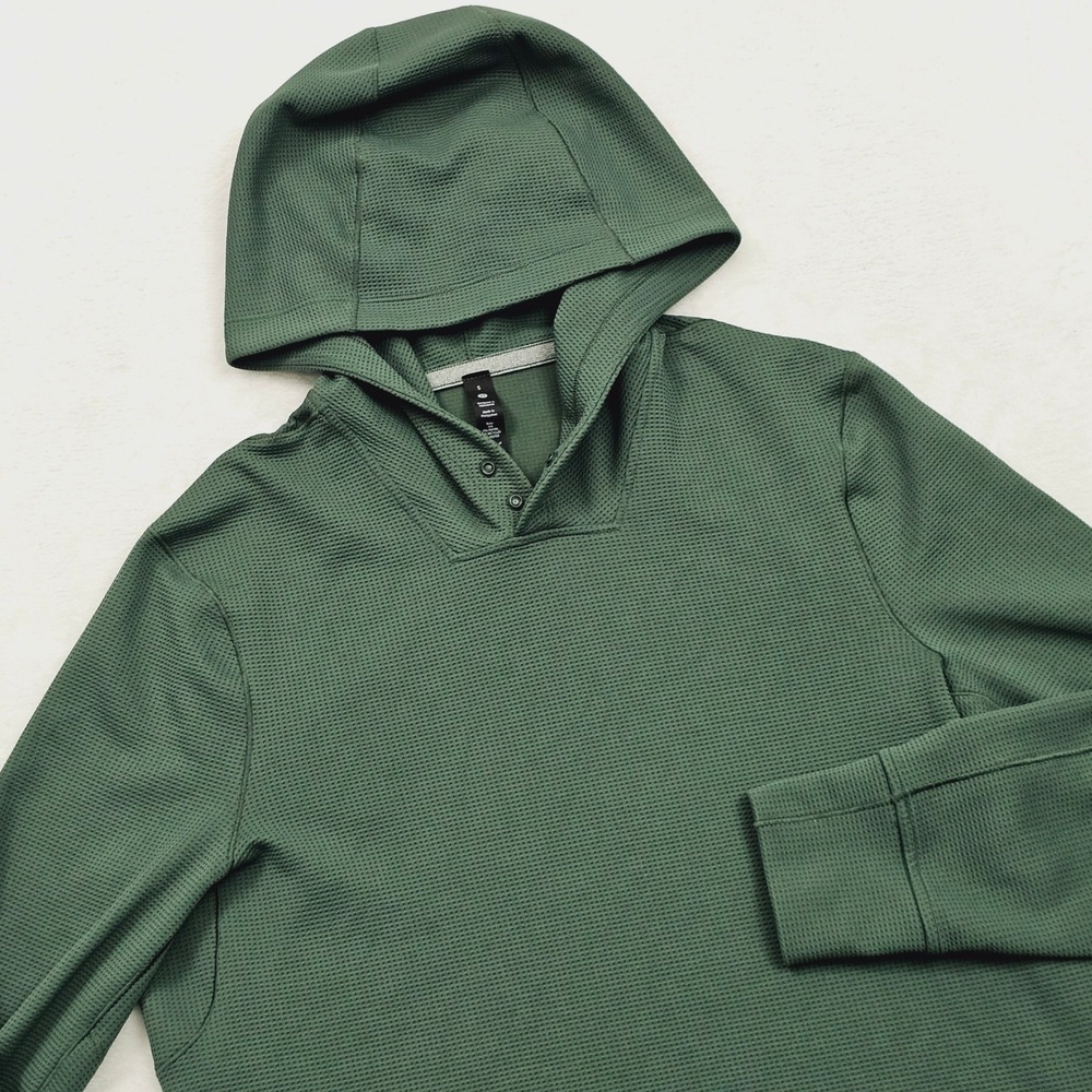 Lululemon Hoodie Mens Small Green Waffle Knit Henley Snap Neck Athleisure Gym